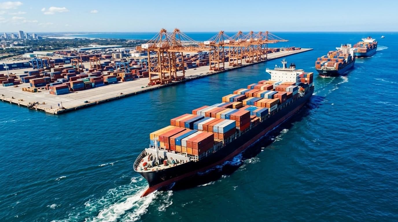 Aerial view of cargo container ships docked at port with loading cranes